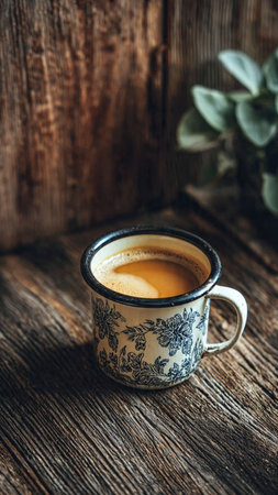 Espresso coffee in a vintage cup on a wooden background.の写真素材