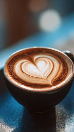 Coffee cup with heart shape latte art on the tableの写真素材