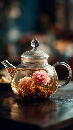 Herbal tea in a glass teapot on a dark backgroundの写真素材