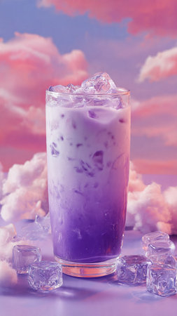 Purple milk tea with ice in a glass on a purple backgroundの写真素材