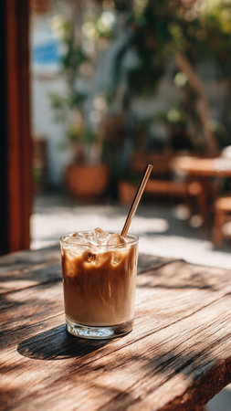 Iced coffee in a glass on a wooden table in a cafeの写真素材