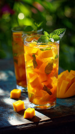 Mango mojito with mint and ice in a glass, selective focusの写真素材