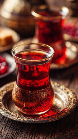 Turkish tea in oriental style on wooden background. Selective focus.の写真素材