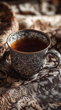 Cup of black tea on the background of a brown scarf.の写真素材