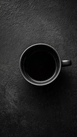 Cup of coffee on black background, top view, copy spaceの写真素材