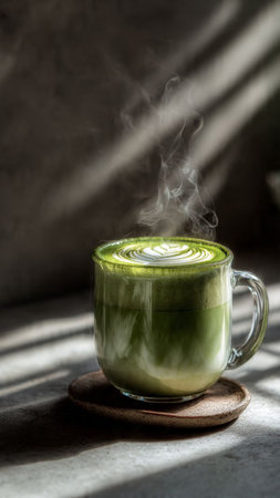 Green tea latte art in a cup on the table with sunlightの写真素材