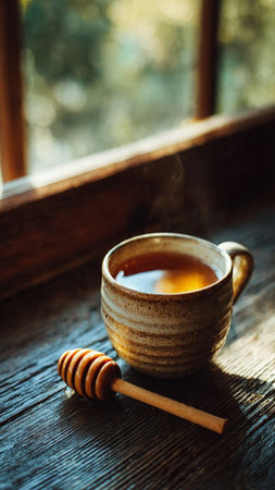 Cup of hot tea with honey on the wooden window sill.の写真素材
