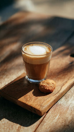 Cappuccino in a glass with cookies on a wooden tableの写真素材