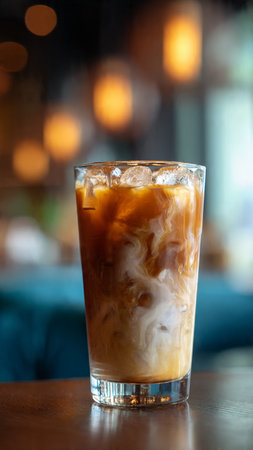 Iced coffee in a glass on the table in coffee shop.