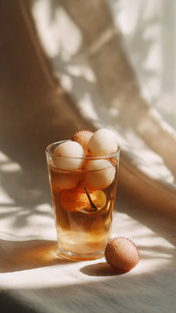 Eggs in a glass of whiskey on a light background.の写真素材