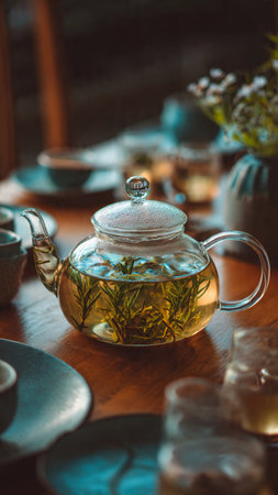 Green tea in a glass teapot on a wooden table.の写真素材