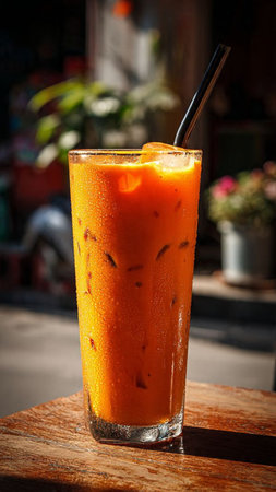 Iced thai tea with milk in a glass, Thailand.