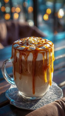 Hot caramel macchiato with whipped cream and caramel syrup.の写真素材