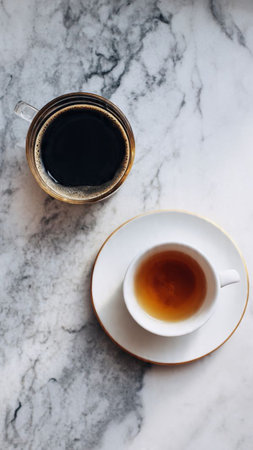 Coffee cup and saucer on white marble background, top viewの写真素材