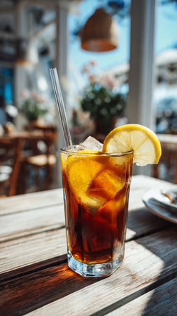 glass of cola with ice cubes and lemon on table in cafeの写真素材