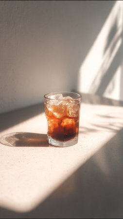 Drink in a glass with ice cubes on the table in sunlight.