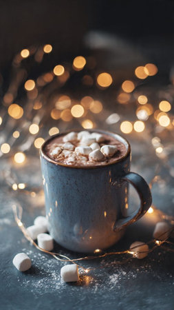 Cup of hot cocoa with marshmallow on dark background with bokeh lightsの写真素材