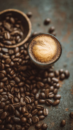 Coffee in a glass cup and coffee beans on dark backgroundの写真素材
