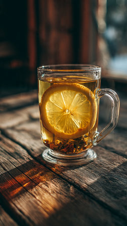 Cup of tea with lemon and spices on a wooden background.の写真素材