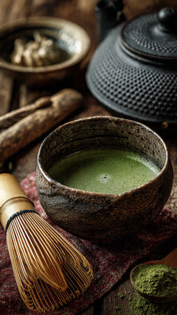 Matcha green tea in a ceramic bowl on a wooden table.の写真素材