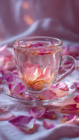 Cup of tea with rose petals on a pink background.の写真素材
