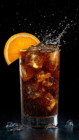Cola with ice cubes and slice of orange on black background, closeup
