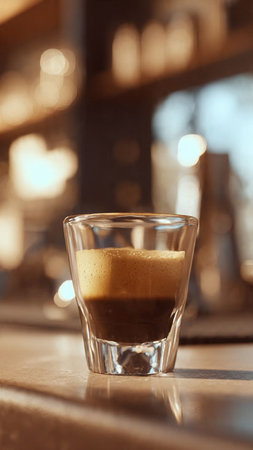 Coffee in a glass on a bar counter in a cafeの写真素材
