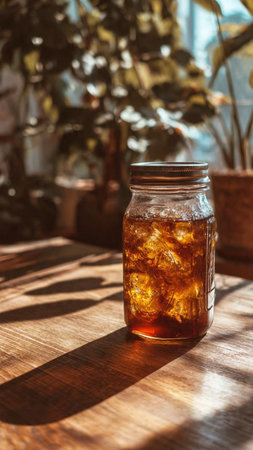 A glass of iced tea with ice cubes on a wooden table in the sunlight