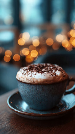 Cappuccino in a blue cup on a wooden table.の写真素材