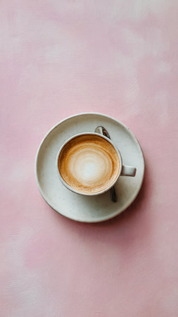 Cup of cappuccino on pink background, top viewの写真素材