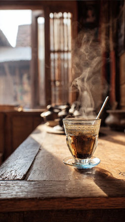 Tea in a glass cup on a wooden table with steamの写真素材