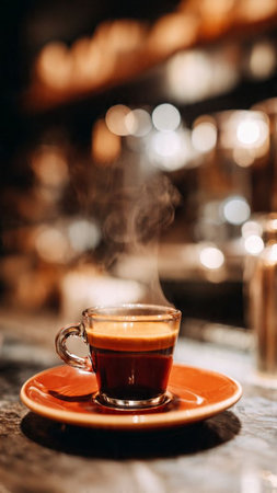 Cup of coffee on a wooden table in a cafe. Selective focus.