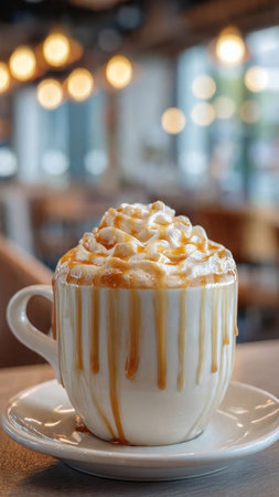 Coffee cup with whipped cream and caramel topping on wooden tableの写真素材