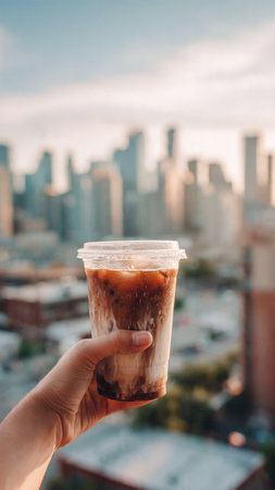 Woman hand holding iced coffee in plastic cup on city background.の写真素材