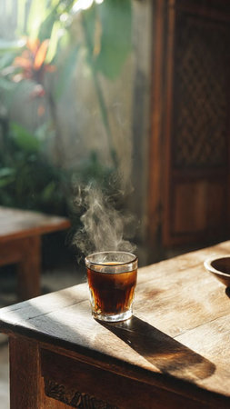 Glass of coffee with steam on wooden table in coffee shop, stock photoの写真素材