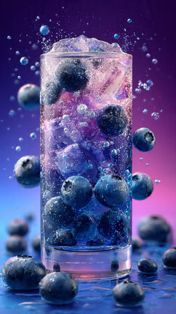 Blueberry cocktail with ice cubes and water splashes on purple backgroundの写真素材