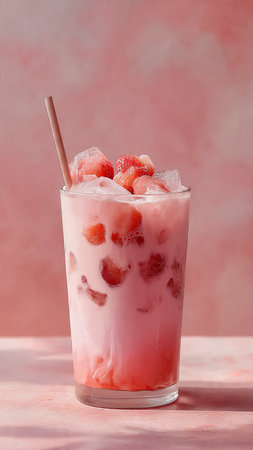 Strawberry milkshake in a glass on a pink backgroundの写真素材