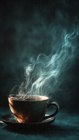 Cup of coffee with smoke on dark background. Selective focusの写真素材