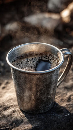 Coffee in a metal mug on a background of sand.の写真素材