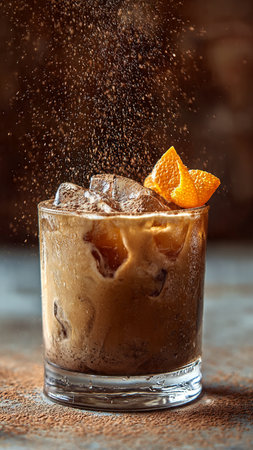 Iced coffee with ice cubes and orange on a dark background.