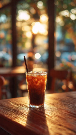 Iced coffee in a glass on a wooden table in a cafeの写真素材