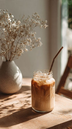 Iced coffee in a glass jar with a straw on a wooden tableの写真素材