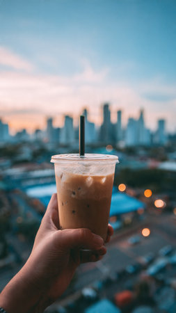 Iced coffee in hand with cityscape background, Bangkok, Thailandの写真素材