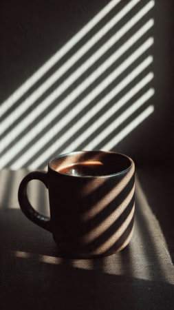 Cup of coffee with shadow from the window. Morning sunlight.の写真素材