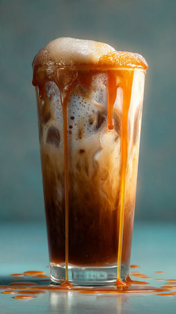 Ice coffee with caramel in a glass on blue background, closeup