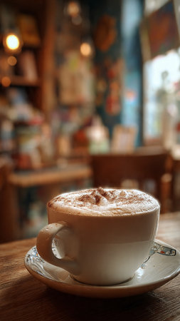 Cappuccino in a white cup on a wooden table.の写真素材