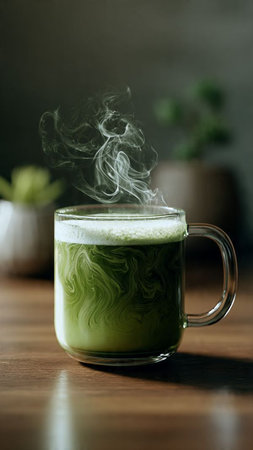 Green tea in a glass cup on a wooden table, selective focusの写真素材