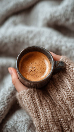 Female hands in warm knitted sweater holding a cup of coffee.の写真素材