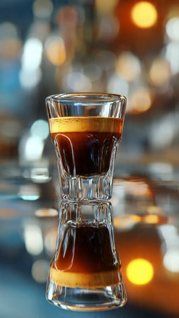 Coffee in a shot glass on a bar counter with bokeh backgroundの写真素材