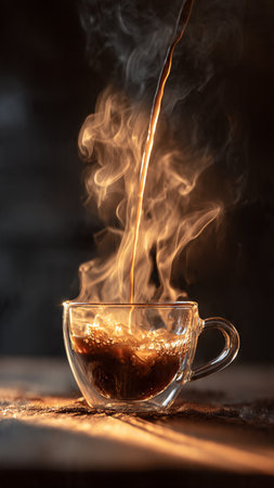 Coffee pouring into a cup with smoke on the wooden tableの写真素材